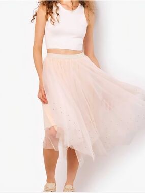 Apricot Pearl Embellished Tulle Midi Skirt